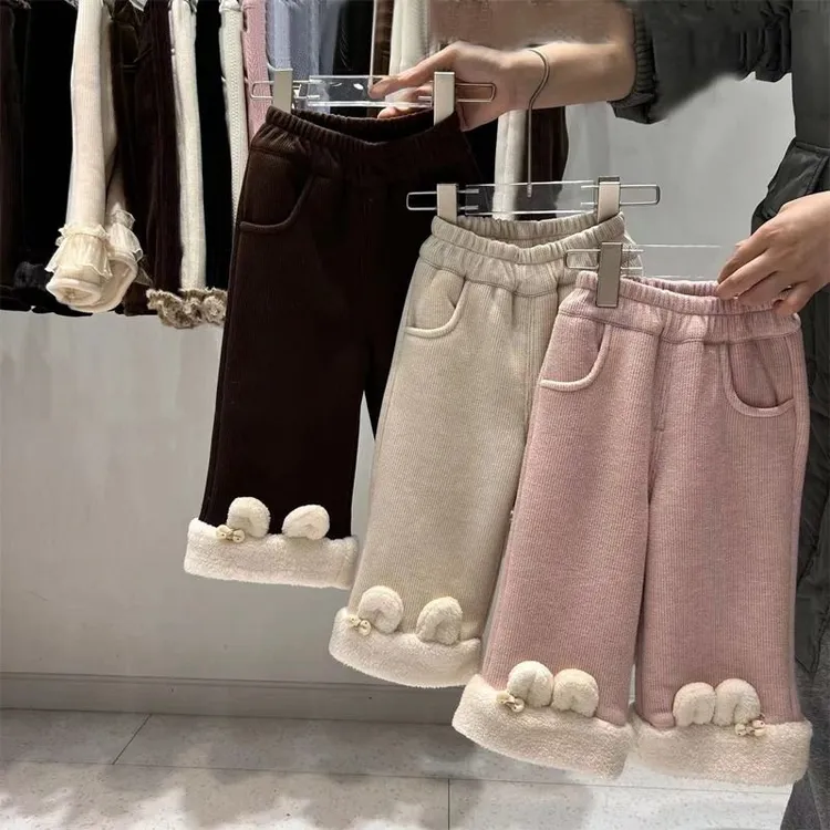 冬季韩版女童加绒裤子宝宝洋气一体羊羔绒休闲喇叭裤外穿