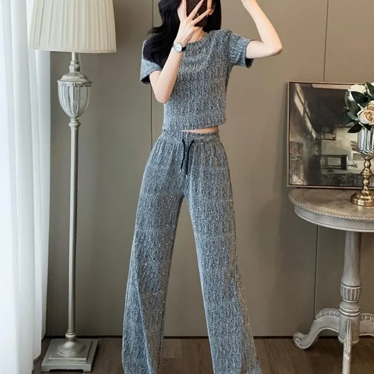 短袖2024新款夏季休闲运动套装女亮闪闪炸街洋气时尚上衣两件套女