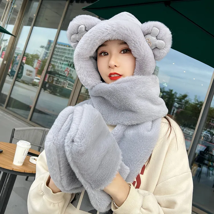 毛绒帽子围巾手套一体女冬连帽三件套可爱小熊秋冬季保暖护耳朵帽