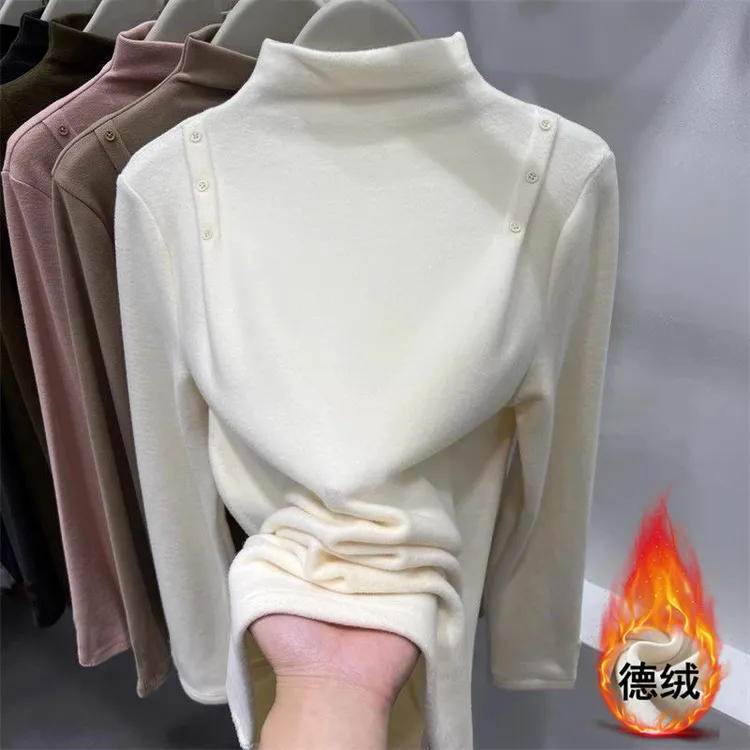 半高领纽扣双面磨毛德绒长袖T恤加绒加厚秋冬新款内搭打底衫上衣