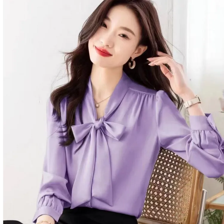 春秋款气质蝴蝶结打底上衣女长袖外穿百搭职业衬衣