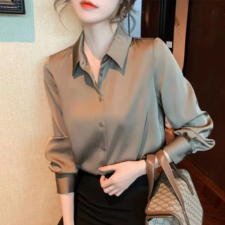 醋酸缎面衬衣女职业装春夏高端复古港味风设计感小众长袖衬衣