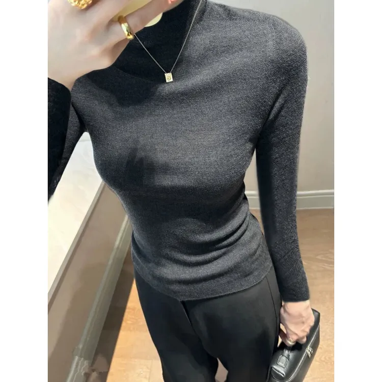 深灰色内搭上衣长袖女秋冬高级感修身毛衣显瘦百搭针织打底衫洋气