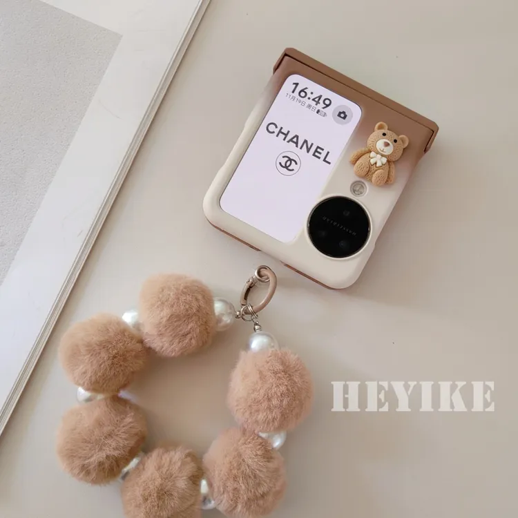 秋冬焦糖棕色毛绒适用OPPOFindN3Flip手机壳手提可爱全包保护套女