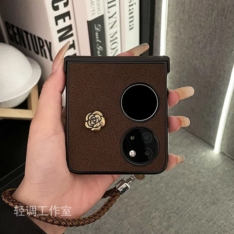高级感复古棕山茶花适用华为pocket2手机保护壳pockets皮纹折叠女