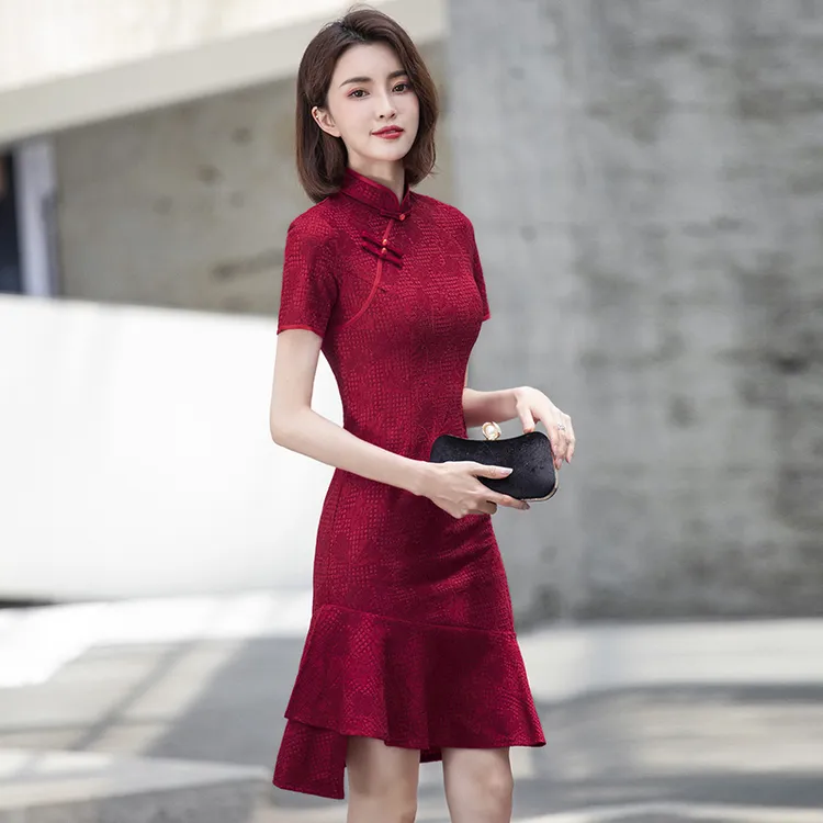红色旗袍女改良高端气质喜婆婆婚礼妈妈装婚宴礼服小个子高考送考