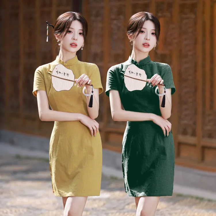绿色旗袍裙女夏季时尚年轻款高端气质改良小个子日常少女低领短款