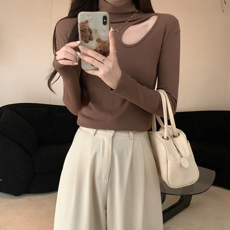 高领挖空设计加绒加厚长袖修身显瘦打底衫女上衣2021冬季新款653