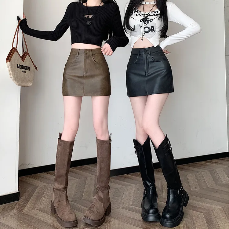 复古辣妹风PU皮裙包臀裙女2025秋冬新款高腰显瘦半身裙PU皮短裙子