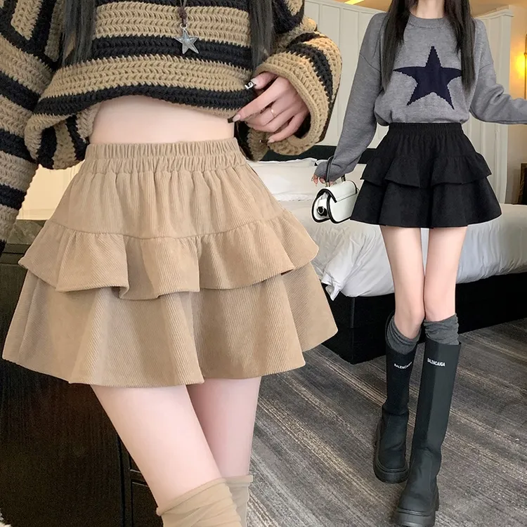 高腰甜美灯芯绒蓬蓬裙半身裙女2025秋冬新款小个子显瘦蛋糕短裙子