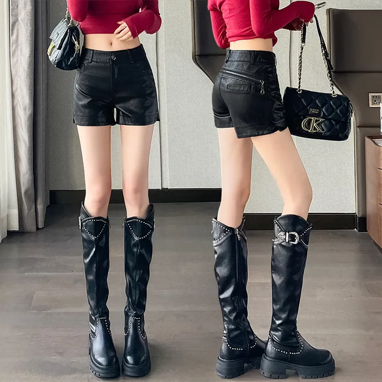 辣妹风黑色显瘦PU皮裤短裤女2025秋冬季新款个性开叉皮短裤子外穿