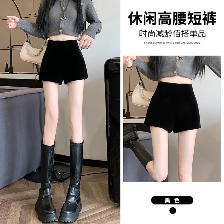 黑色简约气质丝绒短裤女2025秋冬新款高腰显瘦阔腿裤打底靴裤外穿
