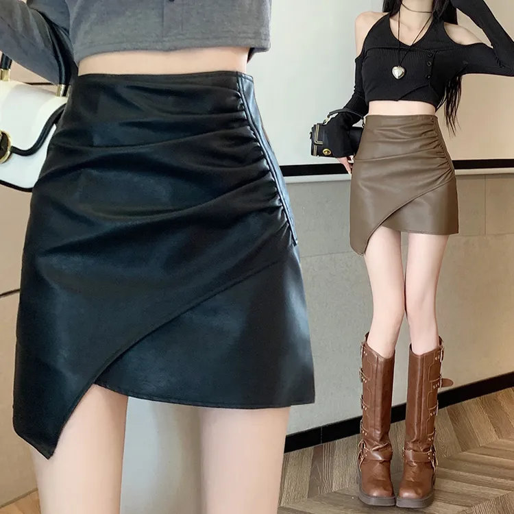 不规则褶皱包臀裙皮裙女2025秋冬新款高腰显瘦开叉a字短裙半身裙