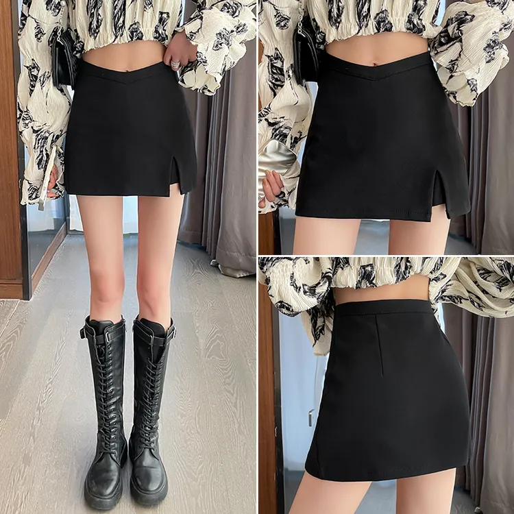黑色弹力半身裙女秋季2025新款高腰显瘦包臀裙不规则开叉短裤裙
