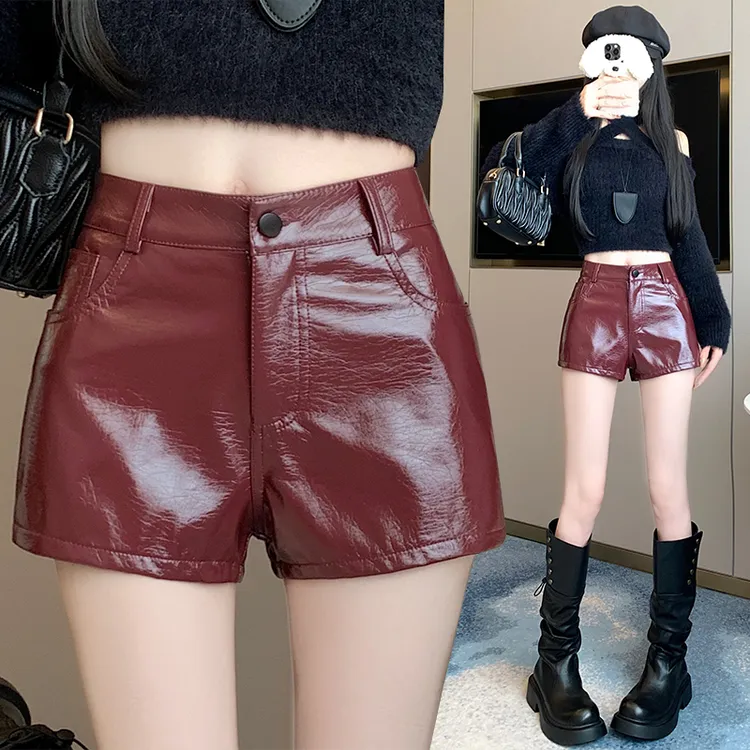 高腰显瘦红色PU皮裤短裤女2025秋冬新款阔腿a字热裤外穿皮短裤子