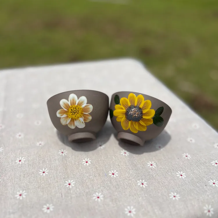 复古粗陶手绘向日葵主人杯纯手工喝茶杯陶瓷单杯功夫茶杯大号茶盏