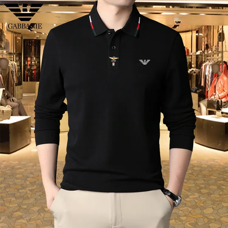 秋冬新款专柜正品100%纯棉长袖T恤男士万针刺绣大牌翻领POLO衫男