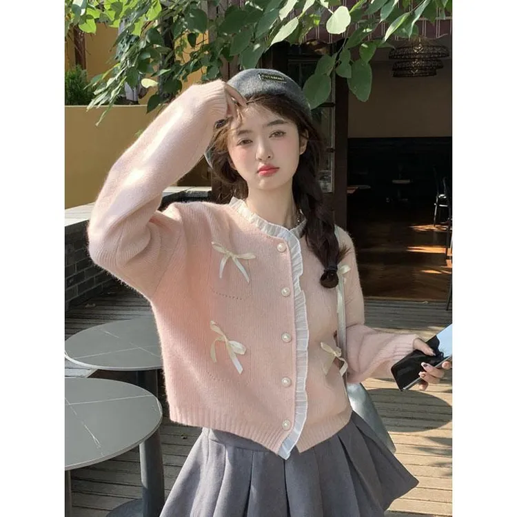 高智淡人蝴蝶结粉色花边长袖针织开衫女早秋甜美气质外搭宽松短款