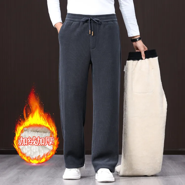 男士秋冬加绒加厚雪尼尔阔腿裤宽松保暖条绒裤中青年垂感休闲裤子