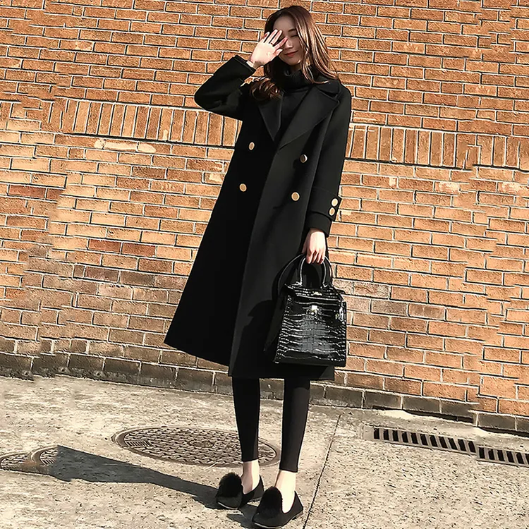 2024秋冬新款韩版宽松大码毛呢外套女中长款黑色赫本风呢大衣加厚