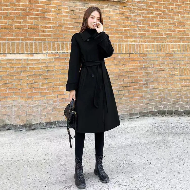 秋冬高端夹棉保暖气质毛呢大衣女赫本风腰带收腰显瘦长款呢子外套