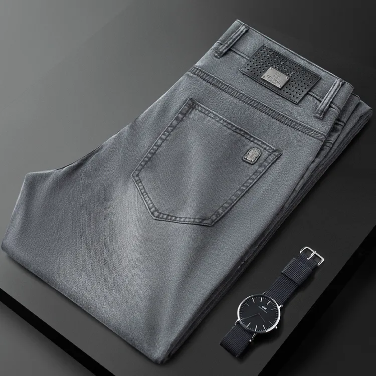 芭奇蒂寇夏季男牛仔裤新款高端轻奢烟灰色修身小脚新款商务休闲裤
