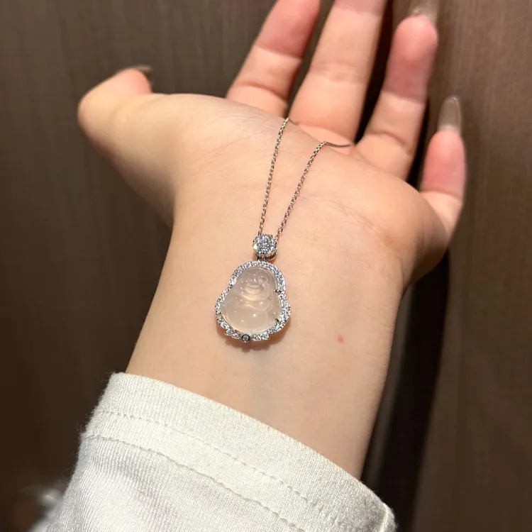 纯银冰透天然A货玛瑙玉髓满星小佛公项链圆润时尚银饰项链设计感