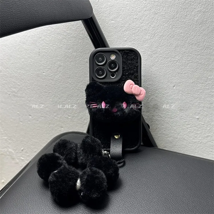 毛绒黑kitty蝴蝶结苹果16promax手机壳15斜挎13挂绳12女11/xsmax