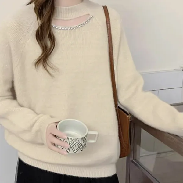 不起球韩版重工钉珠镂空加厚针织衫秋冬季气质打底衫长袖套头毛衣