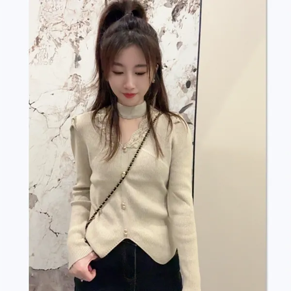 挂脖V领毛衣女秋冬欧货设计感蕾丝花边针织衫长袖上衣修身打底衫