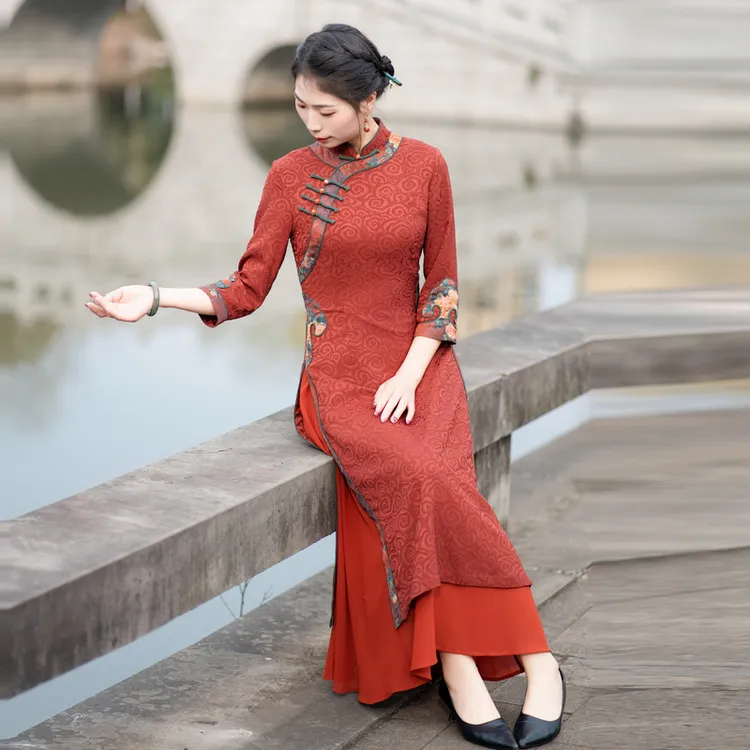 如意风奥黛旗袍中国风中式女收腰显瘦民国复古气质日常裙23R159