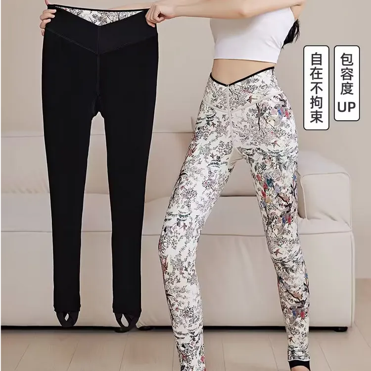 新款喜鹊报喜蚕丝棉裤女加绒冬季外穿高腰一体踩脚东北保暖打底裤