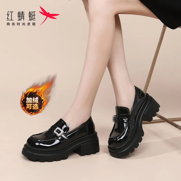 红蜻蜓女鞋秋季2024新款漆皮高跟厚底增高小皮鞋软皮乐福鞋女真皮