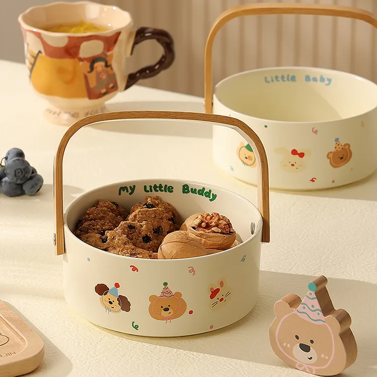 网红高颜值水果盘小精致陶瓷手提篮可爱糖果盒家用果篮收纳零食碗