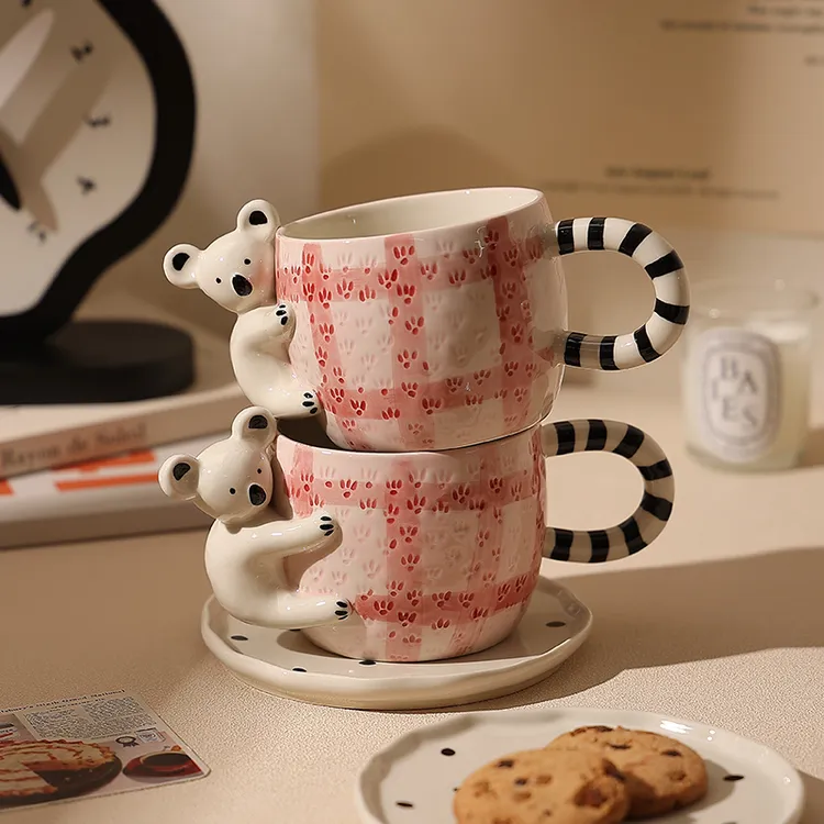 考拉陶瓷杯碟网红拉花杯手绘马克杯家用大容量喝水杯茶杯情侣对杯