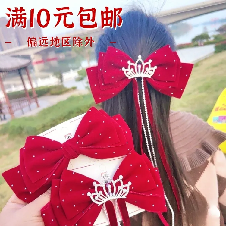 儿童发饰新年红色大蝴蝶结飘带发夹女童表演出头饰小女孩过年发卡