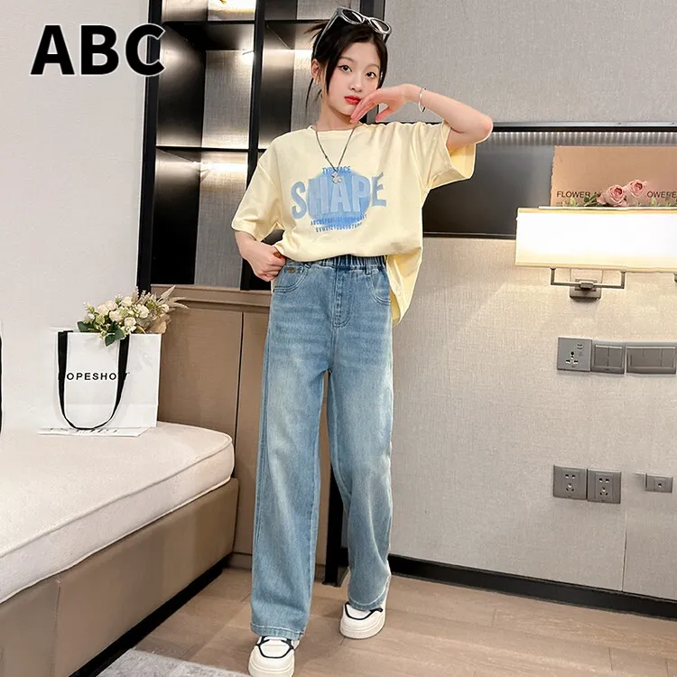 ABC正品女童牛仔裤夏装儿童休闲阔腿裤夏季薄款短袖T大童直筒长裤