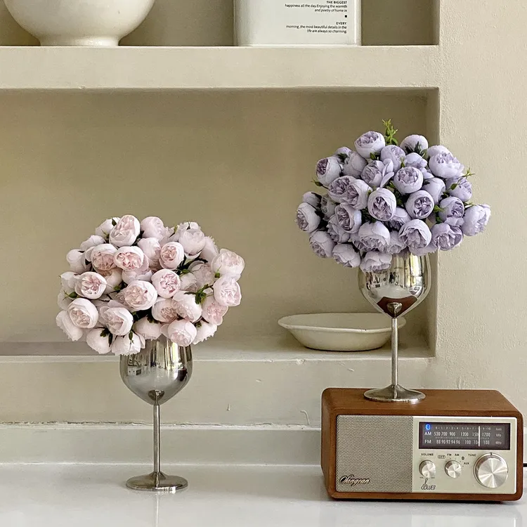 INS花艺假花仿真牡丹花轻奢高脚杯装饰客厅桌面设计师款艺术摆件