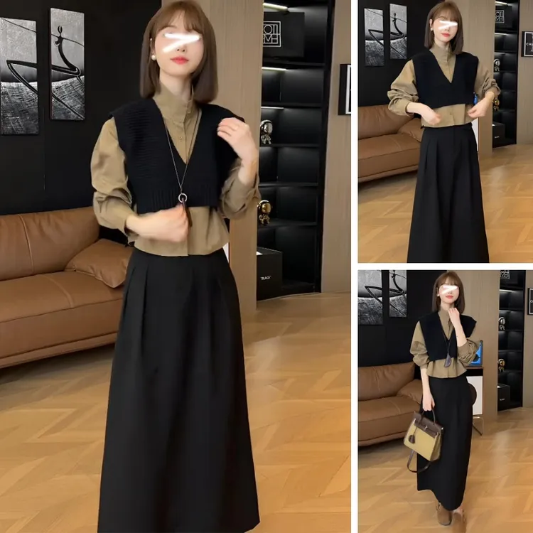 入秋季流行穿搭一整套新款2024韩系复古风立领衬衫马甲半身裙套装