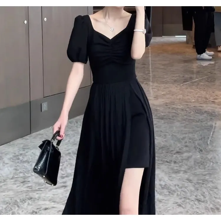 1836赫本风法式方领气质长裙奢华高端精致黑色收腰显瘦连衣裙夏季