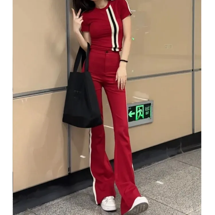 欧货夏季短袖运动套装女2025新款时尚洋气修身显瘦喇叭裤两件套潮
