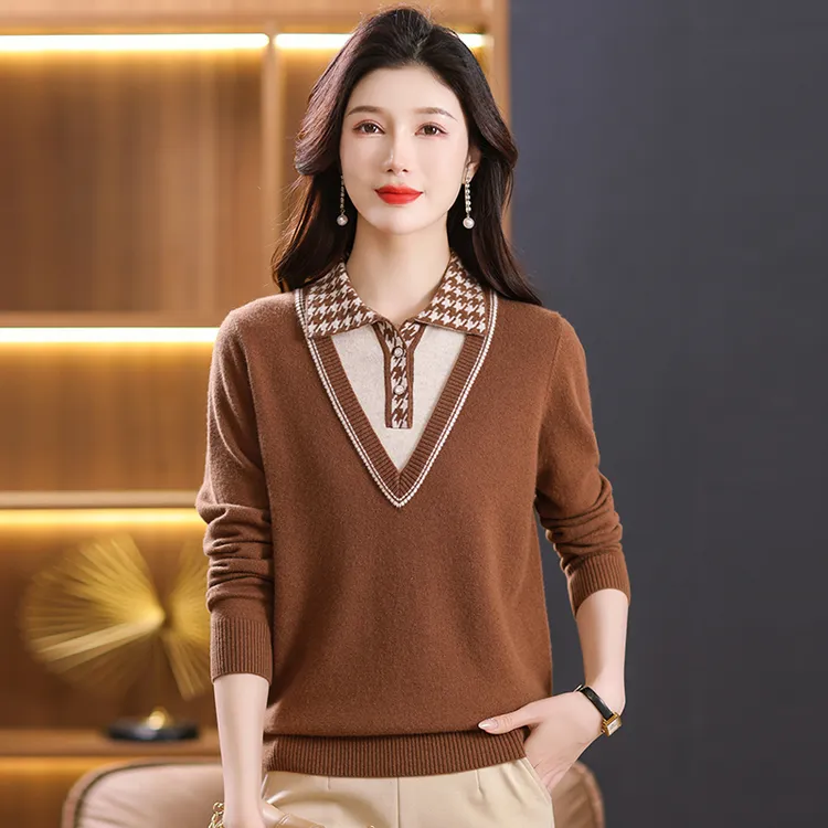 百分百纯羊毛#女士秋冬时尚百搭宽松洋气针织长袖假两件打底衫