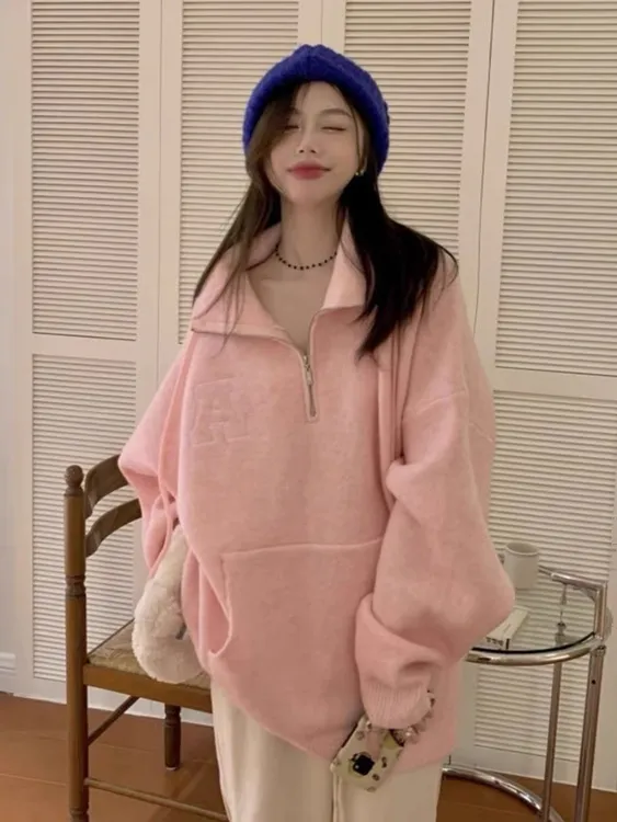 亏本清！拉链高领抽绳毛衣女慵懒宽松针织衫软糯上衣潮网红加厚