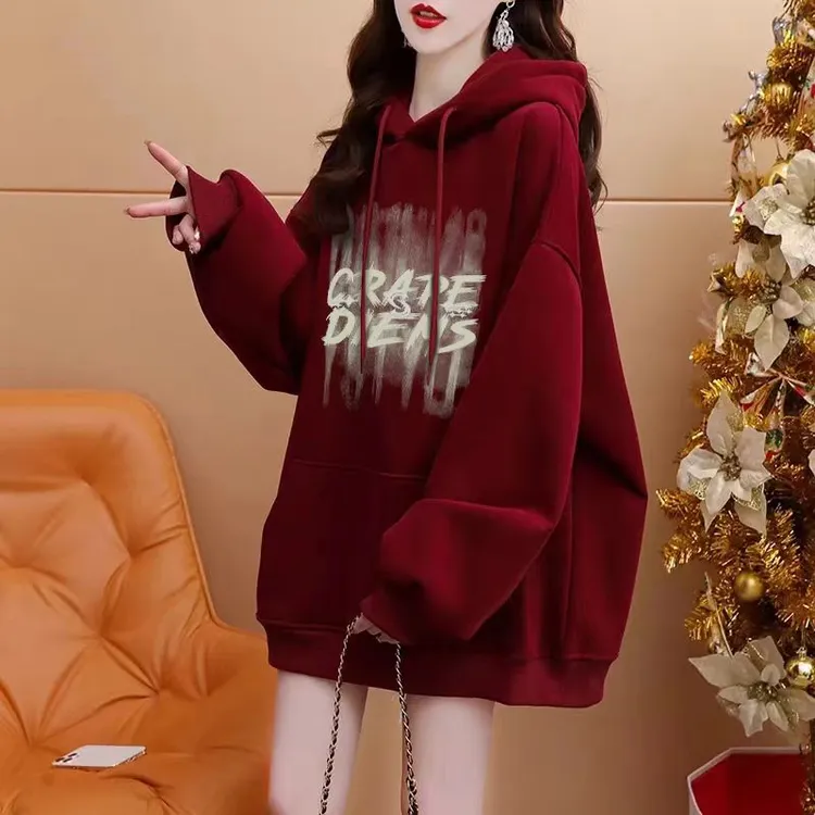 酒红色慵懒风连帽卫衣女秋冬季宽松加绒加厚韩版上衣大码百搭外套