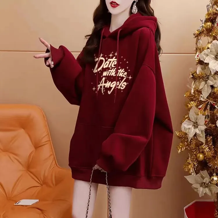 酒红色复古印花连帽卫衣女潮牌宽松休闲情侣外套减龄时尚加绒上衣