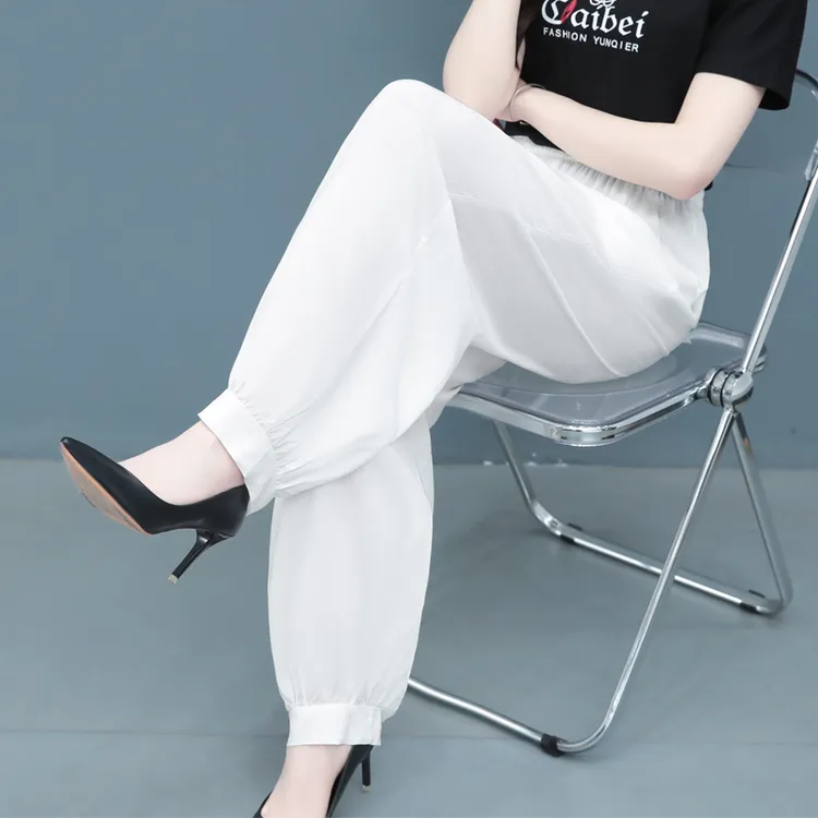 时尚休闲女裤夏季薄款高腰妈妈防蚊裤宽松灯笼裤大码棉绸阔腿裤