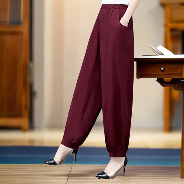 洋气妈妈休闲裤纯色女士夏季薄款大码灯笼裤宽松棉绸中老年防蚊裤