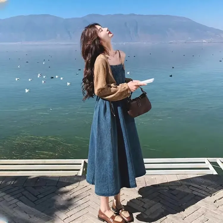 时尚连衣裙女款爆款2025新款针织开衫吊带裙中长款网红牛仔裙子