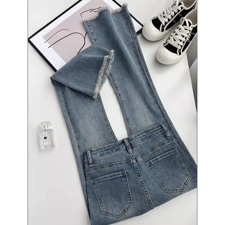 深色微喇牛仔裤女高腰春季薄款2023新款小个子九分宽松喇叭裤子潮