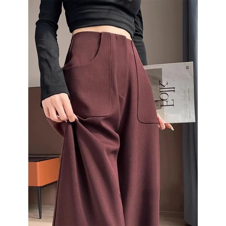 安可拉红西装裤女2024早秋款小个子高腰垂感阔腿裤直筒加长拖地裤
